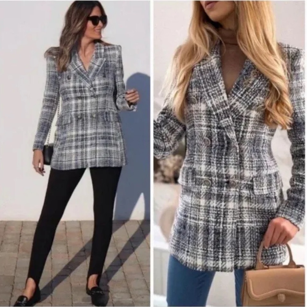 Zara TWEED TEXTURED DOUBLE BREASTED BLAZER SHOULDER PADS METAL BUTTONS NEW